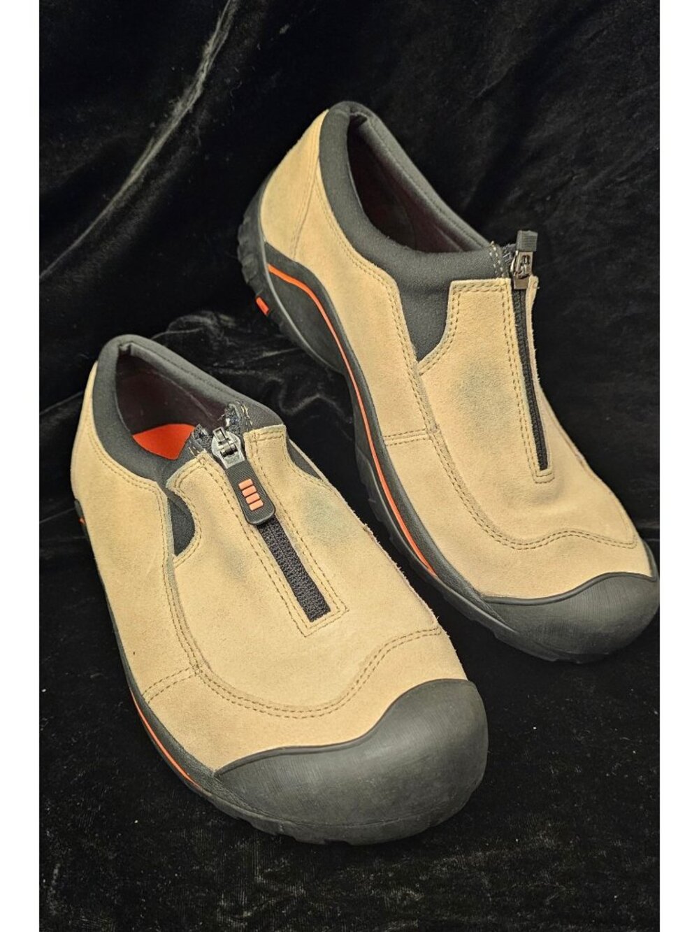 Tan Suede Slip-On Shoes With Black Zipper Closure Rubber Soles & Orange Accents